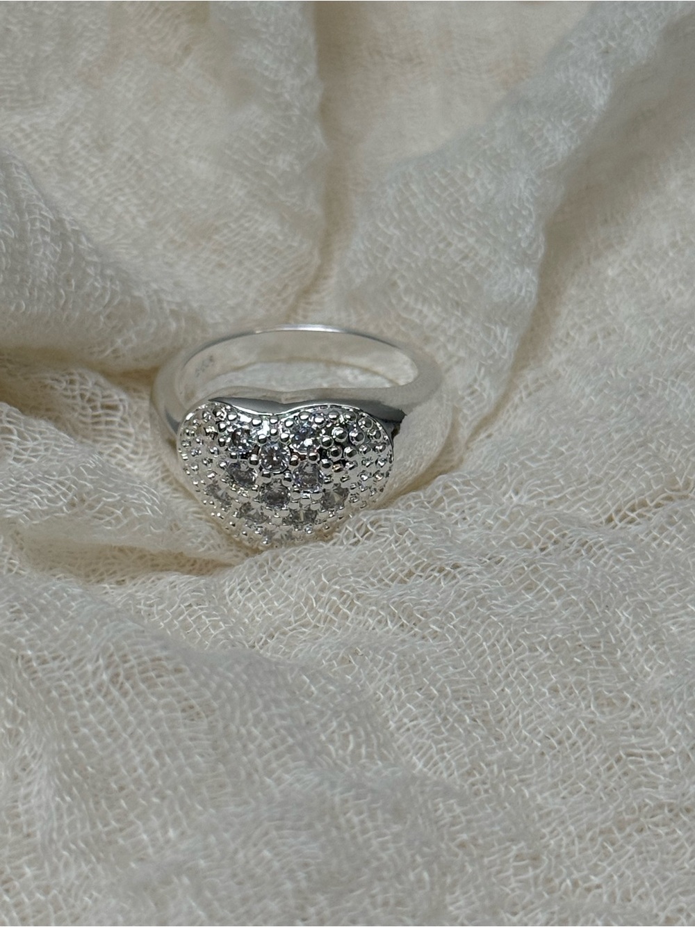 Sterling Silver Heart Pavé Ring - Silver, Size 9